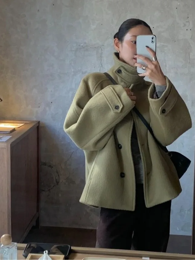 

Ele винтажное женское шерстяное пальто свободного покроя с воротником-стойкой, универсальная модная верхняя одежда, шикарное зимнее пальто
