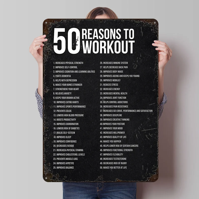 50 Reasons to Workout Metal Poster Custom Wall Art Retro Vintage Tinplate Signs for Man Cave Bedroom Decorations House Home Room