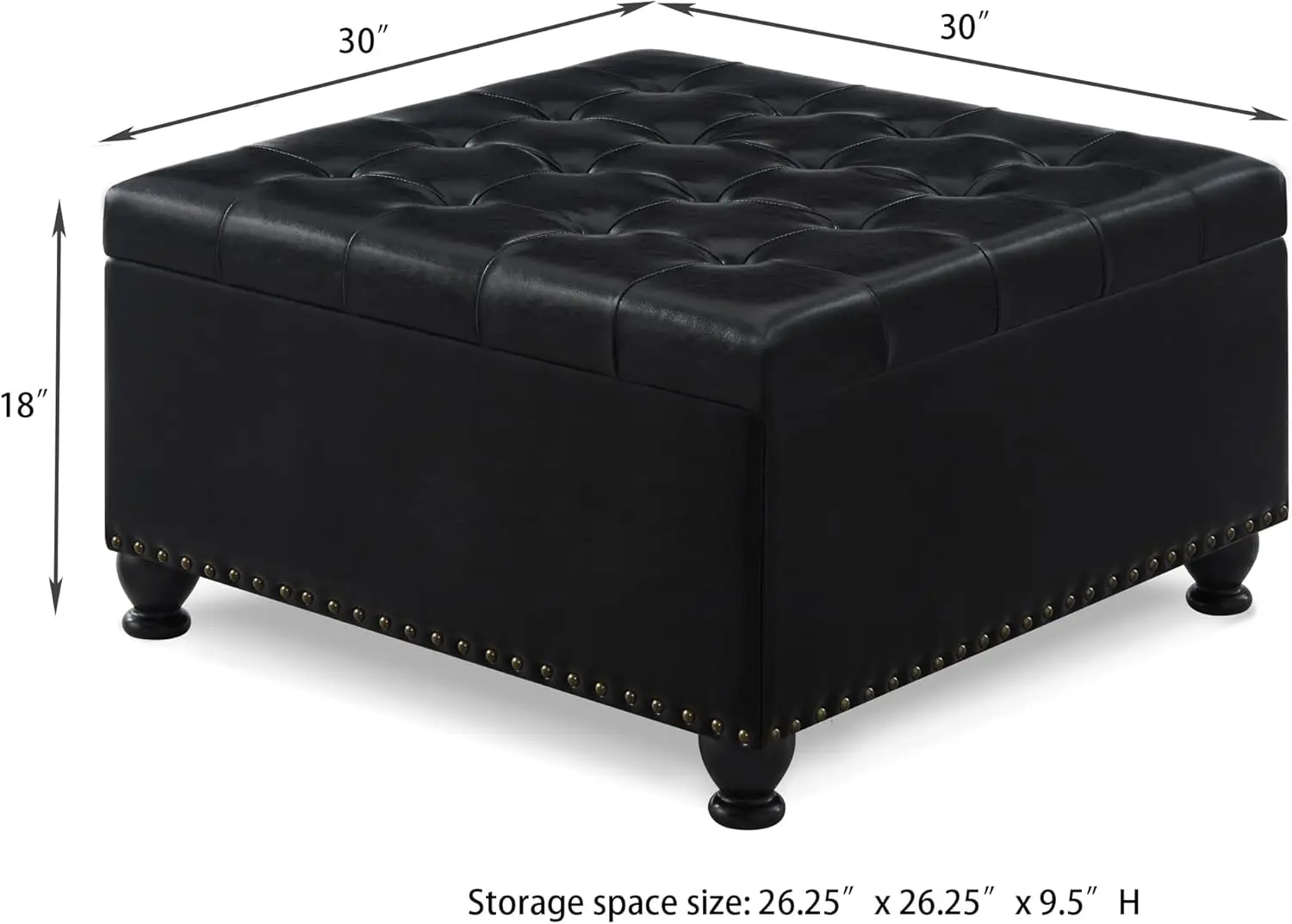 Large Square Storage Ottoman,Upholstered Button Tufted Coffee Table With Nail Trims And Wooden Legs For Living Room,Black Pu