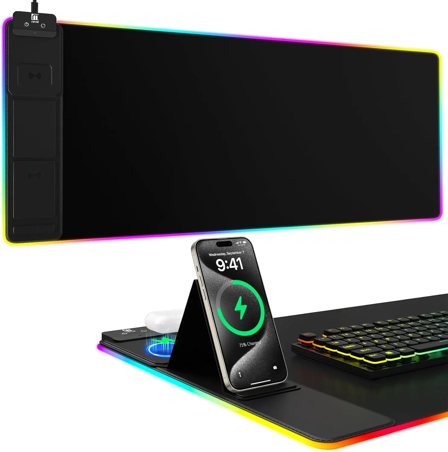 

Коврик для игровой мыши RGB с беспроводной зарядкой и держателем для телефона, большой настольный коврик, водонепроницаемый и нескользящий