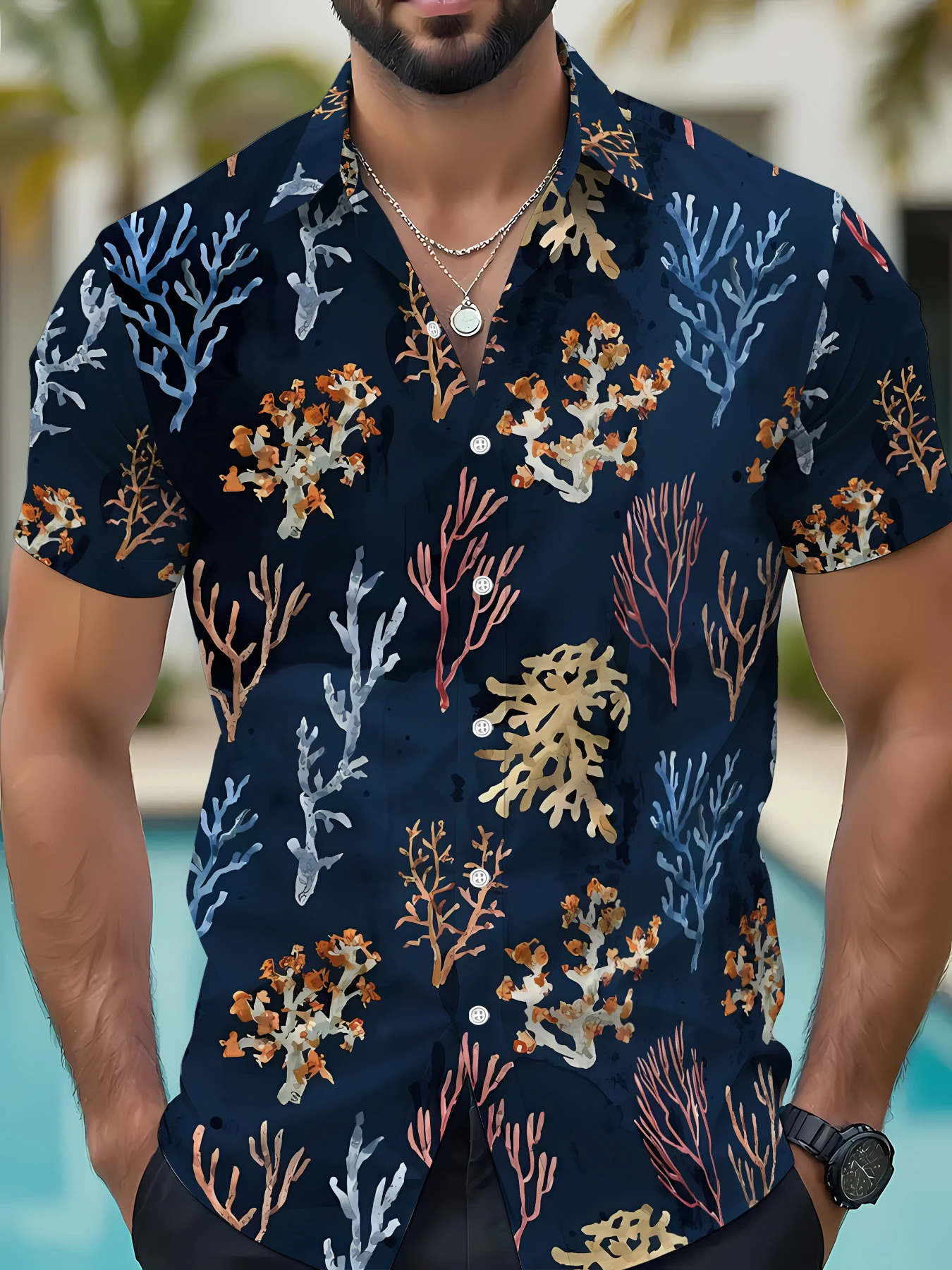 2026 Summer New Style Men's Short-Sleeved Shirt with 3D Coral Pattern Print for Street Casual Fashion Comfortable and Soft