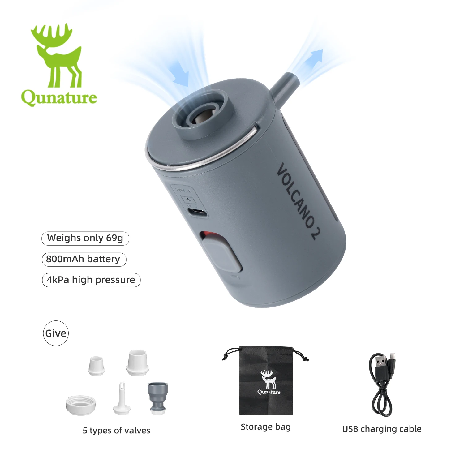 

Qunature Tiny Pump 4kPa 69g 800mAh Electric Air Pump Portable Camping Pump for Air Beds Sleeping Pads Pool Floats Vacuum Bags