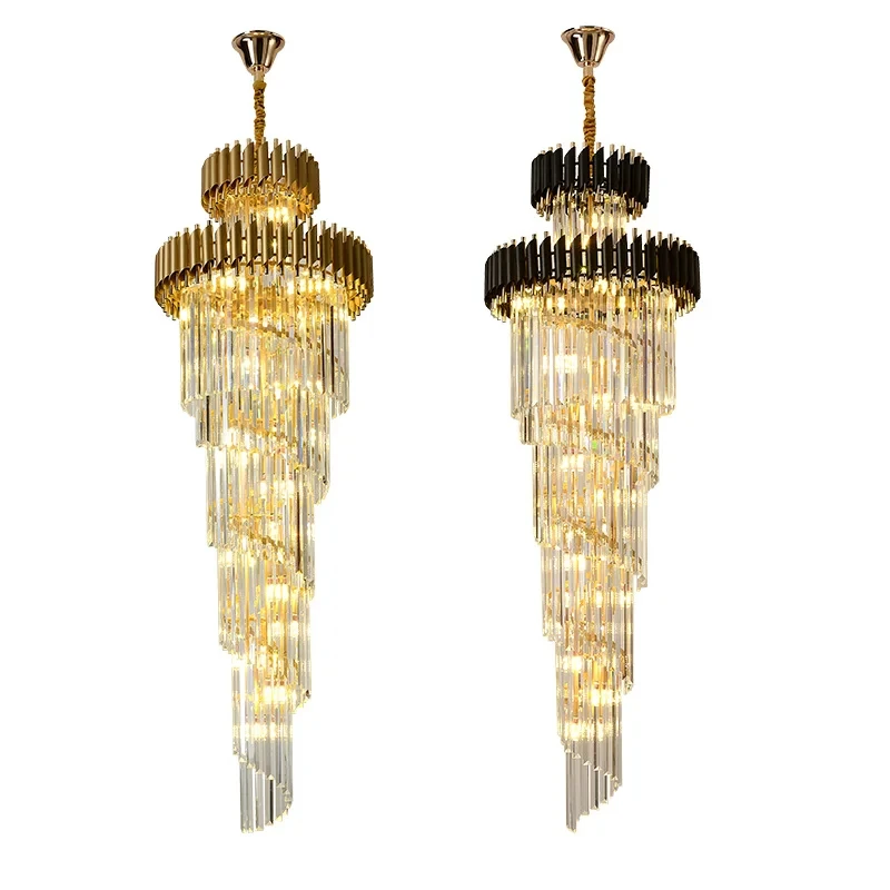 Luxe moderne kristallen kroonluchter voor loft zwart/goud lichtarmatuur villa lobby woonkamer decor trap lange hang verlichting