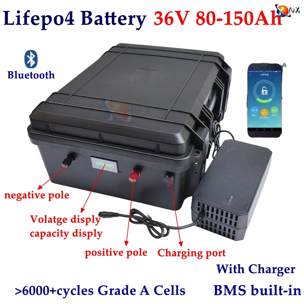 YNX 36V LiFepo4 100Ah 80Ah 120Ah 150Ah Lithium Battery with Bluetooth BMS 12S for Ttrolling Motor Propeller Boat Solar System