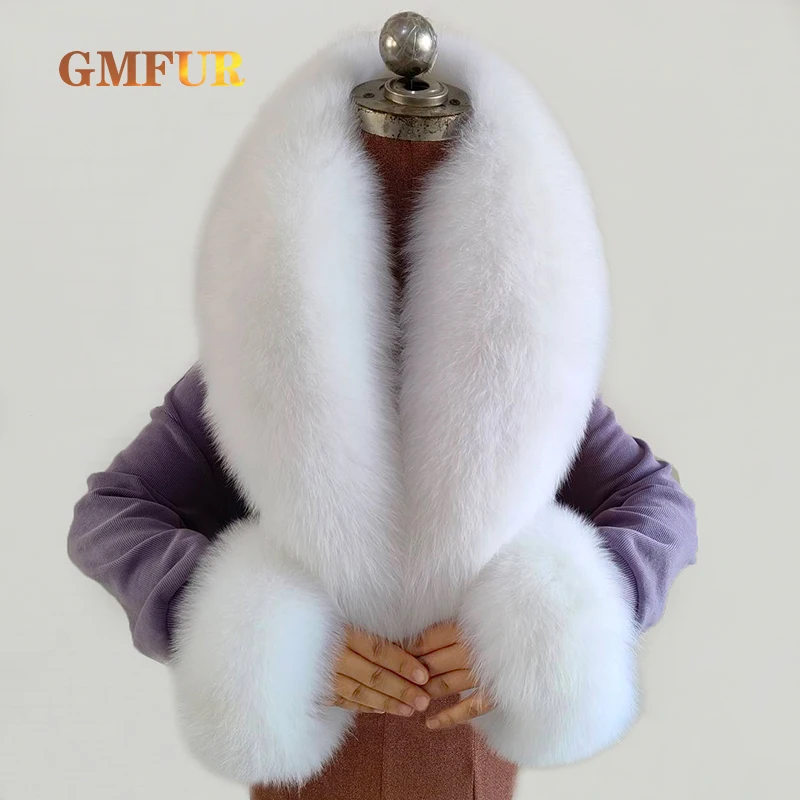 Women Winter Real Fox Fur Collar Cuff Set Luxury Neck Keep Warmer Scarf Fashion Luxury Overcoat Scarves Female Elegant Shawl