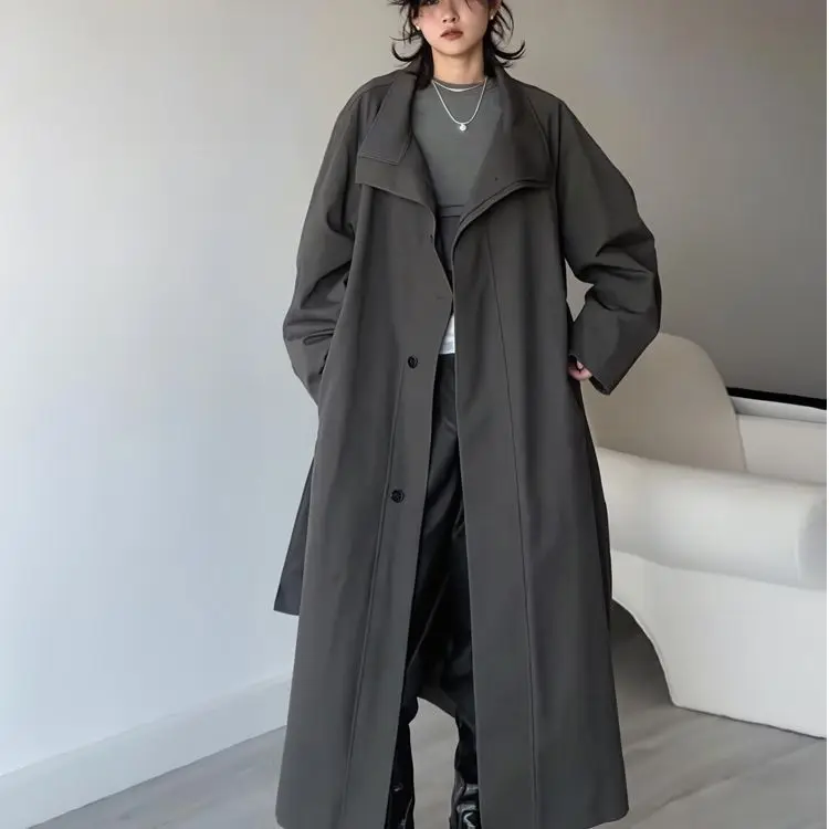 Spring and Autumn New Women's Windbreaker Coat Windproof Stand Up Collar Loose Long Windbreaker