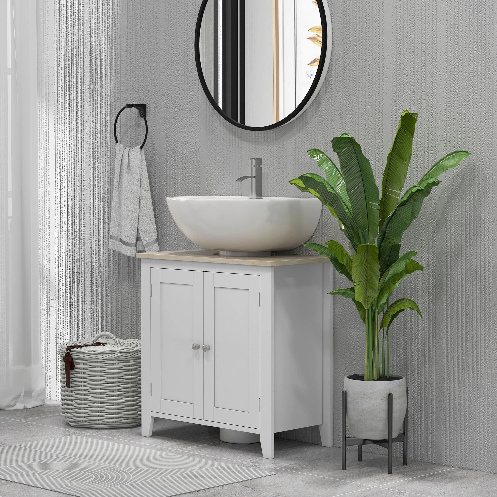 Pedestal Sink Storage Cabinet, Under Sink Cabinet with U-Shape and Adjustable Internal Shelf, White
