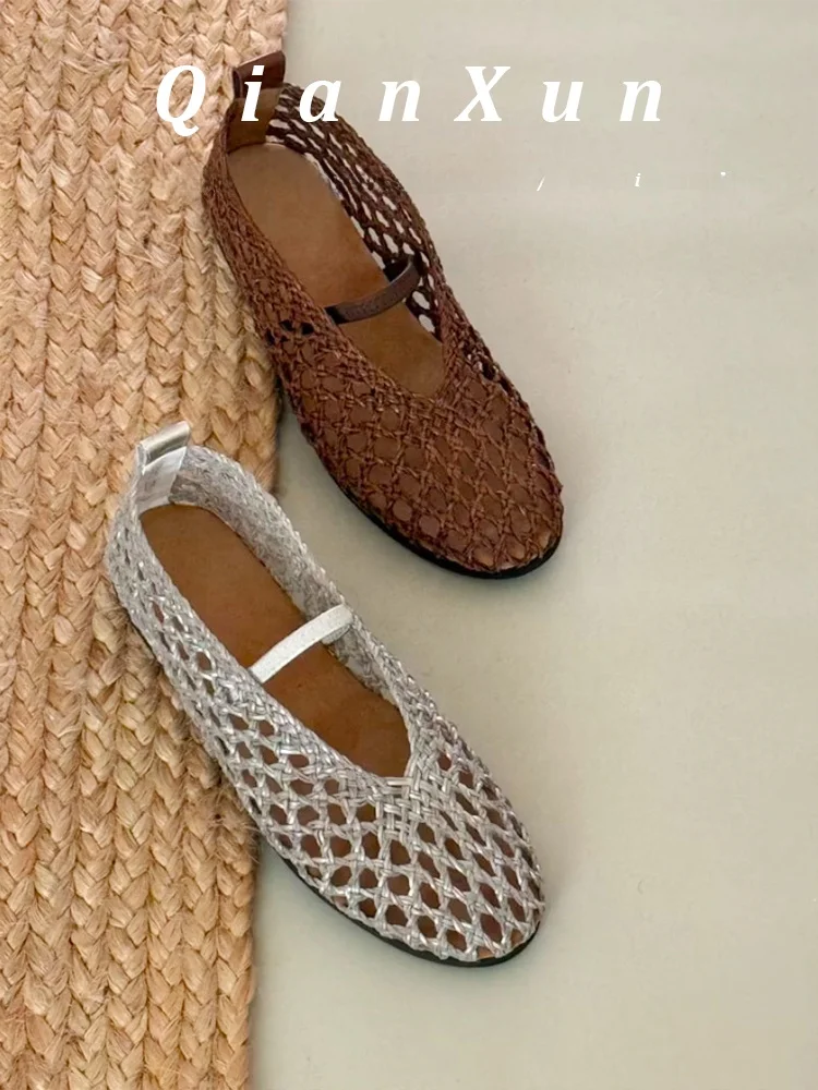 

Retro Leather Sandals Women's Summer Hollow Woven Flat Shoes Net Comfortable Versatile Outdoor Wear Single Shoes Casual Style