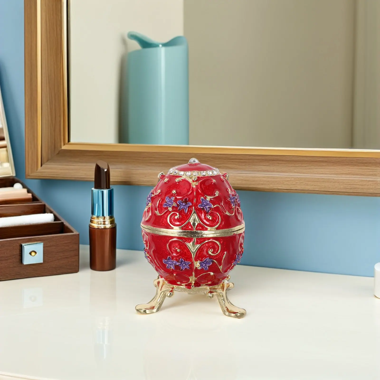 

Vintage Russian Enamel Egg Jewelry Box Hand Painted Hinged Metal Trinket Box Mini Ring Holder Jewelry Organizer