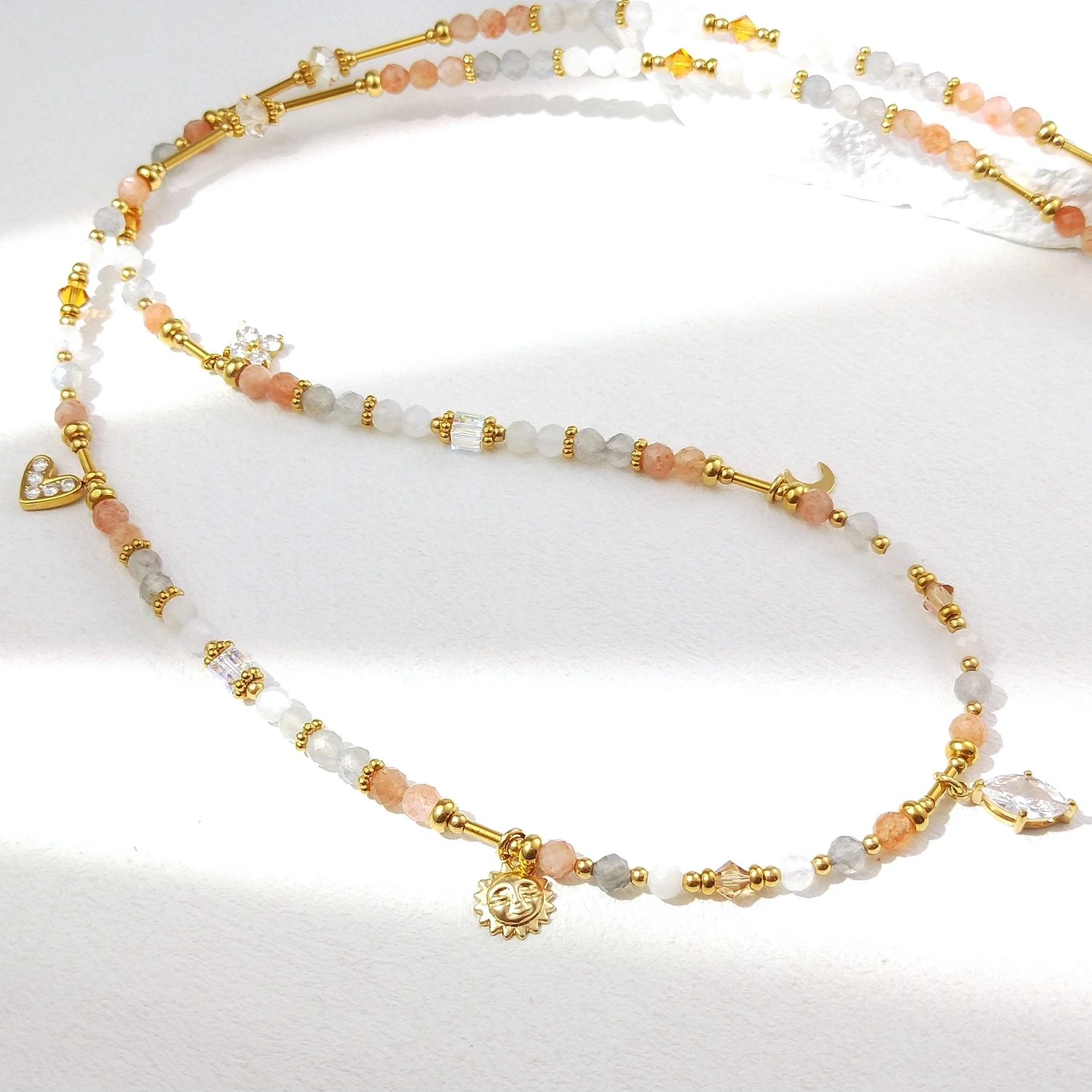 Lii Ji 4mm Sunstone Labradorite Moonstone Stainless Steel Waist Chain 76+10cm Natural Stone Jewelry