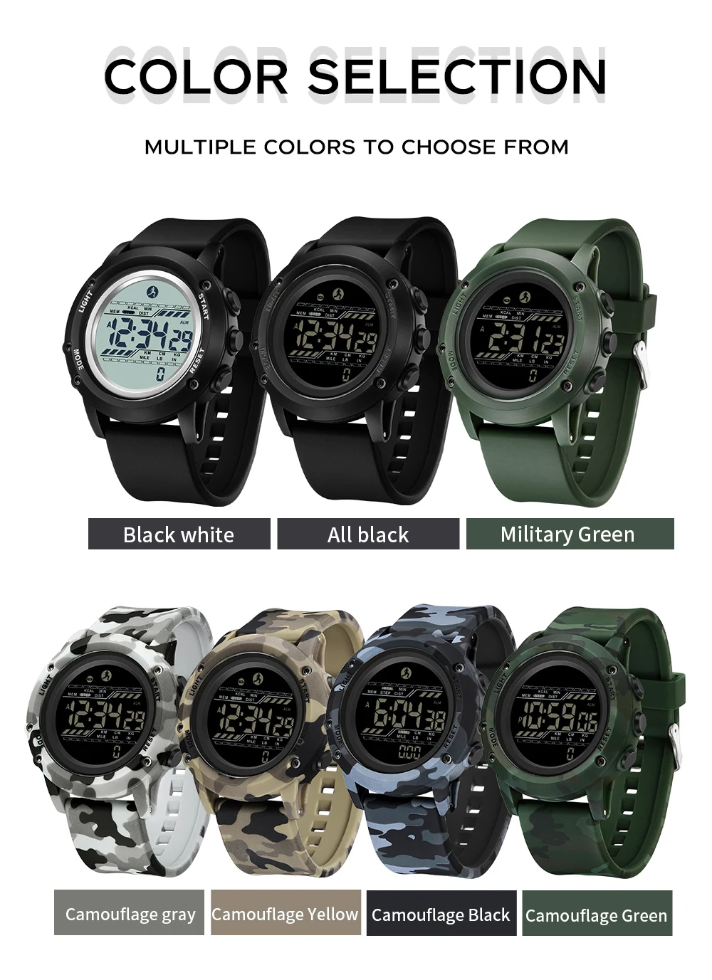 패션 SANDA 2180 학생 전자 다기능 위장 알람 스포츠 빛나는 열량계 단계 계산 디지털 시계