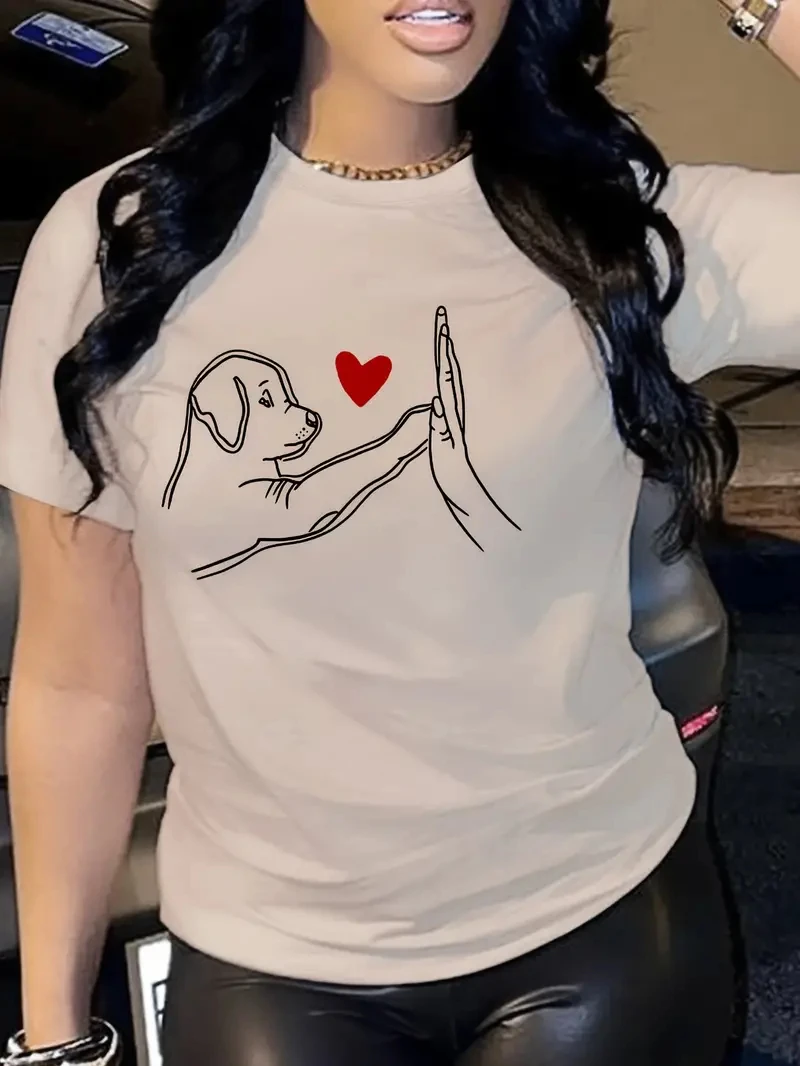 Cute Ladies Dog High Five Printed T-Shirt Short Sleeve Crew Neck Lightweight Breathable Perfect Casual Top for Summer and Spring