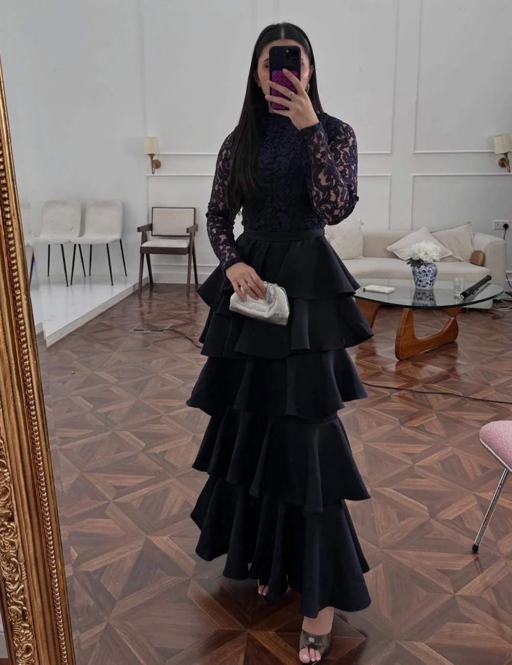 

Customized Navy Blue Fashion Intricate Jersey Pleat Tiered Lace Mermaid High Collar Ankle Length Evening Dresses for Woman