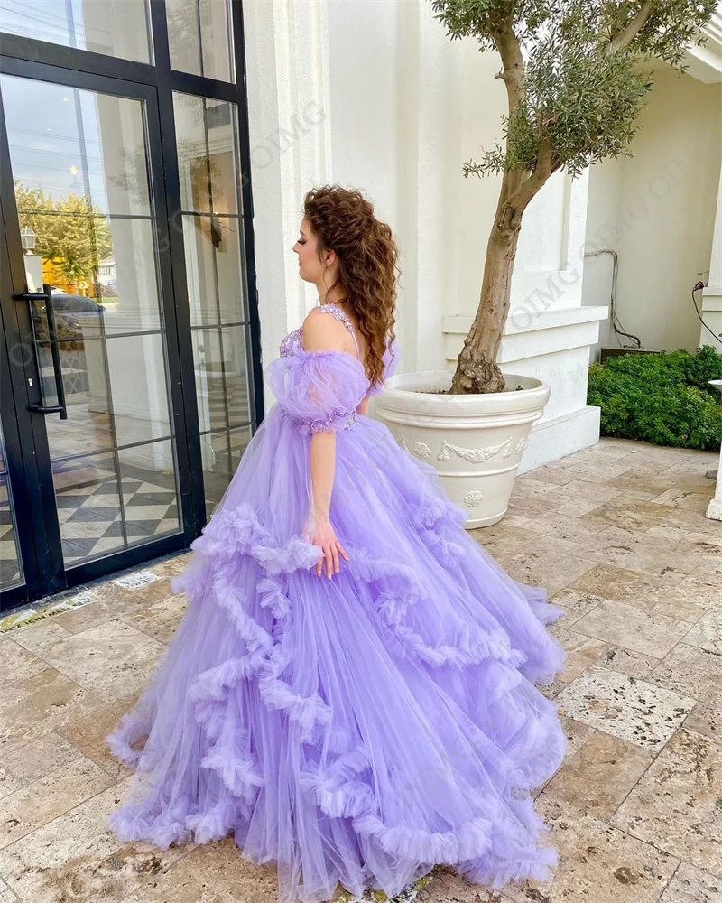 OIMG-Vestidos de Noche escalonados de encaje de lavanda, vestido de baile de graduación brillante, volantes largos, vestidos de fiesta formales de lujo, escote corazón fruncido