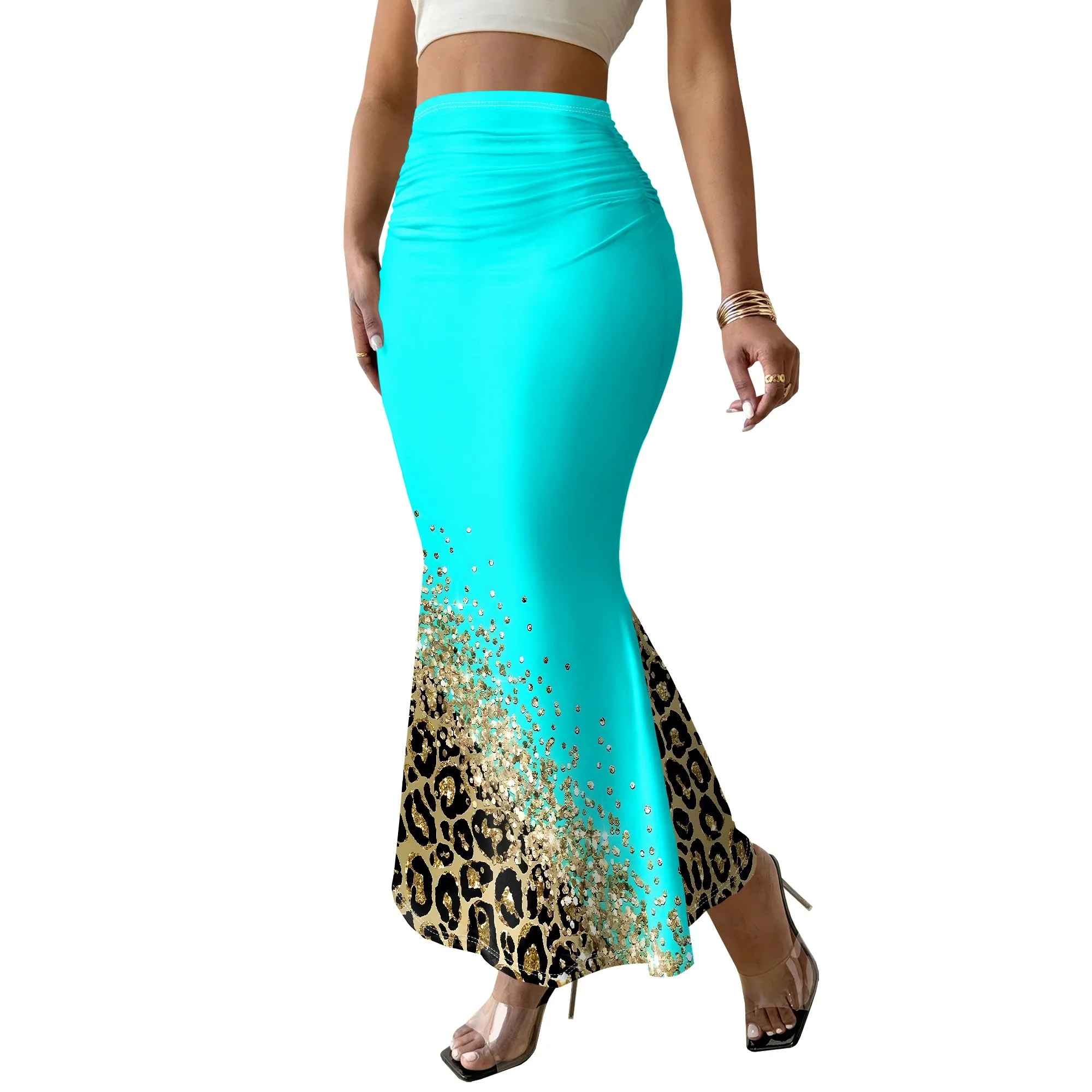 High Waist Mermaid Skirt, Gradient Leopard Print Maxi Skirt, Ruched Bodycon Skirt for Party Club Night Out, S-2XL