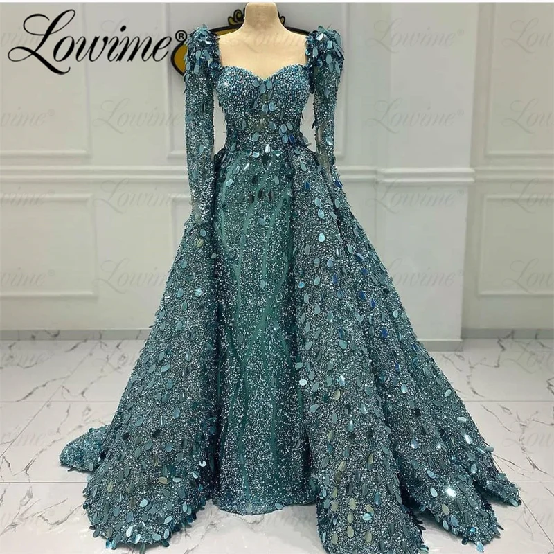 ﻿ Full Beaded Luxury Long Sleeves Celebrity Evening Dresses For Women Blue Formal Occasion Party Dress Abendkleider Prom Gowns