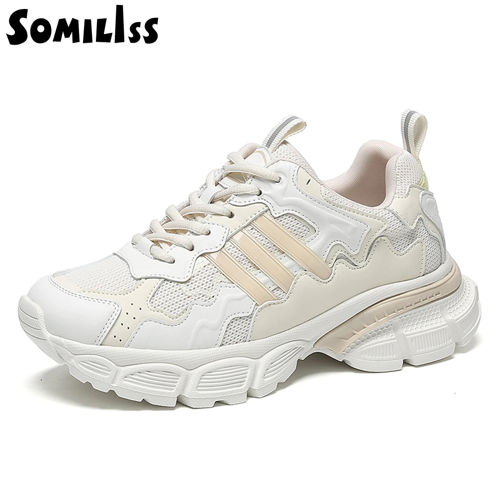 

SOMILISS Women Chunky Sneakers Genuine Leather Mesh Pachwork Round Toe Lace-Up Mixed Color Breathable Ladies Flat Causal Shoes