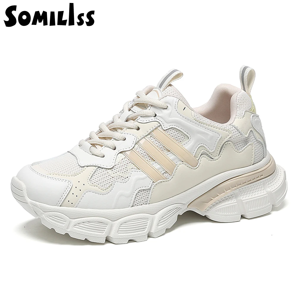 SOMILISS Women Chunky Sneakers Genuine Leather Mesh Pachwork Round Toe Lace-Up Mixed Color Breathable Ladies Flat Causal Shoes