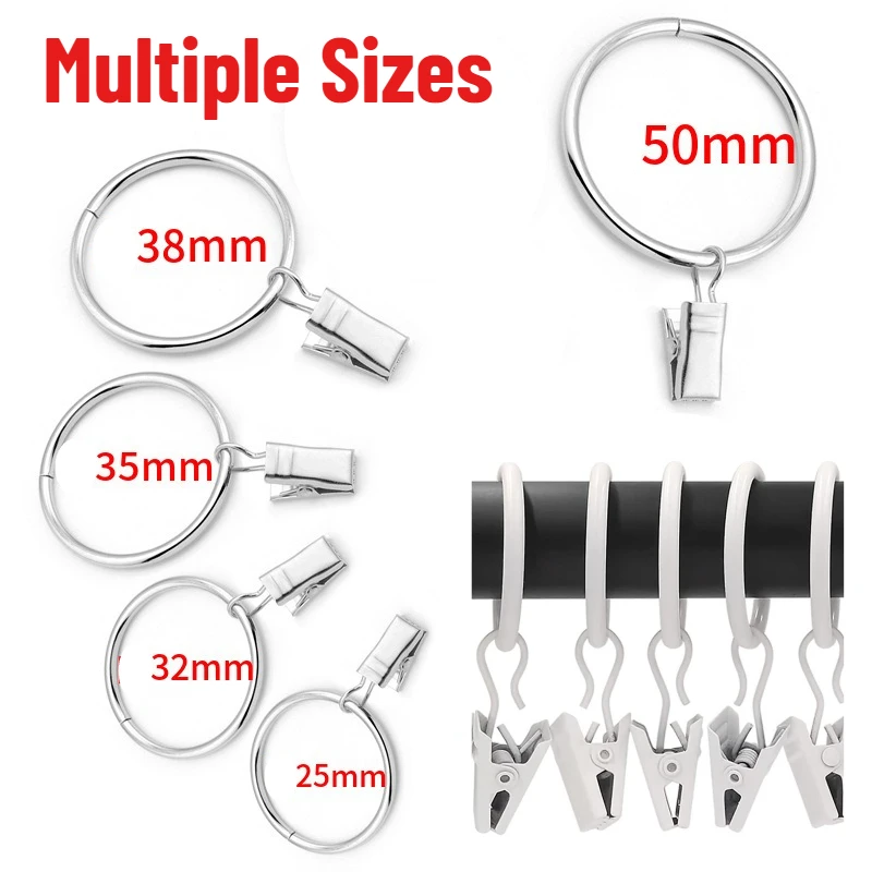 60 Pcs Premium Easy Glide Curtain Rings Metal with Clips 25/32/35/38/50mm Diameter White/Grey/Black/Silver Use for Rods