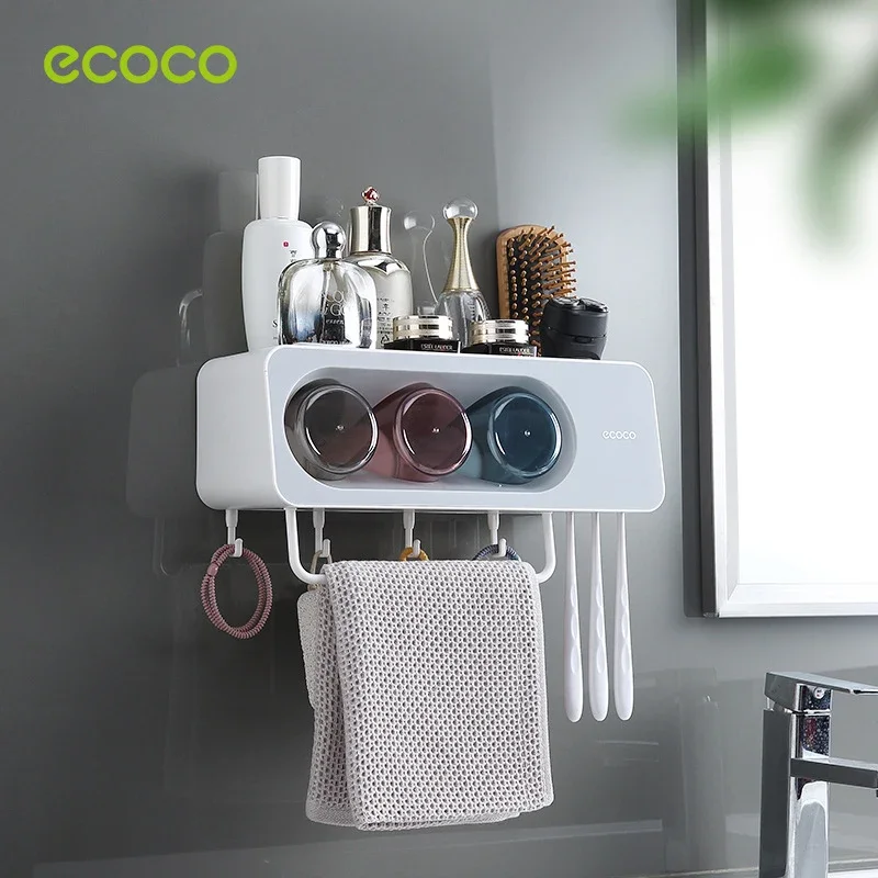 ECOCO No-Punching Wall-mounted Toothbrush Holder Toothbrush Cup Automatic Toothpaste Squeezer Dispenser Bathroom Accessories Set