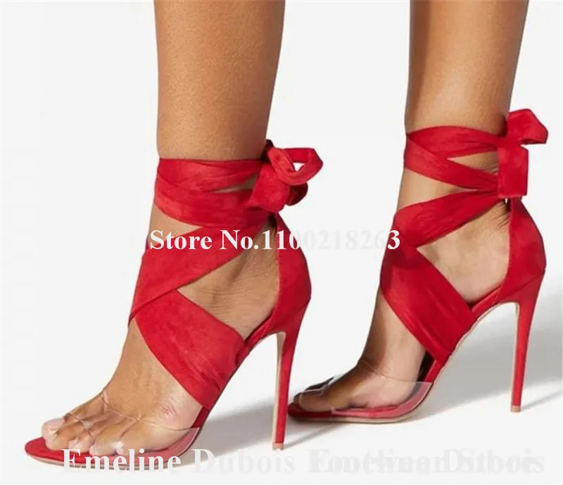 

Red Straps Stiletto Heel Gladiator Sandals Emeline Dubois Open Toe PVC Patchwork Thin Heel Dress Shoes Ankle Straps High Heels