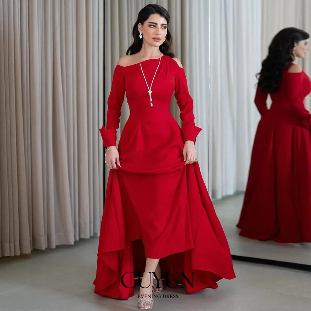 

CUYUN Red Saudi Evening Gown Customized A Line Long Prom Party Dresses Modest Semi-Formal Wedding Guest Dress