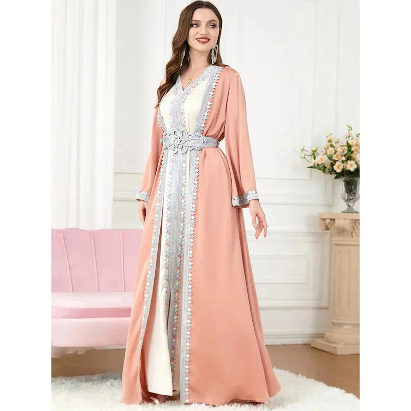 رمضان تركيا فستان عباية إسلامية للنساء المغرب قفطان 2 قطعة مجموعة فساتين الحفلات دبي بحزام vestdios 2023 رداء العيد