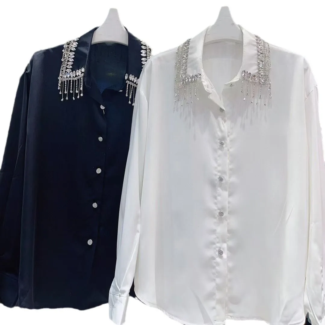 Luxury Women Pearls Beaded Tassels Turn Down Collar White Shirt Crystal Fringed Satin Blouses Rhinestones Cardigan Blusas Tops