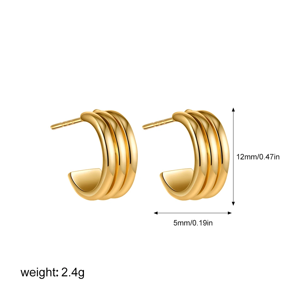 Fashion Minimalist Stainless Steel Gold Color Three Layer C Shape Stud Earrings Prevent Waterproof Charm Jewelry Women Gift