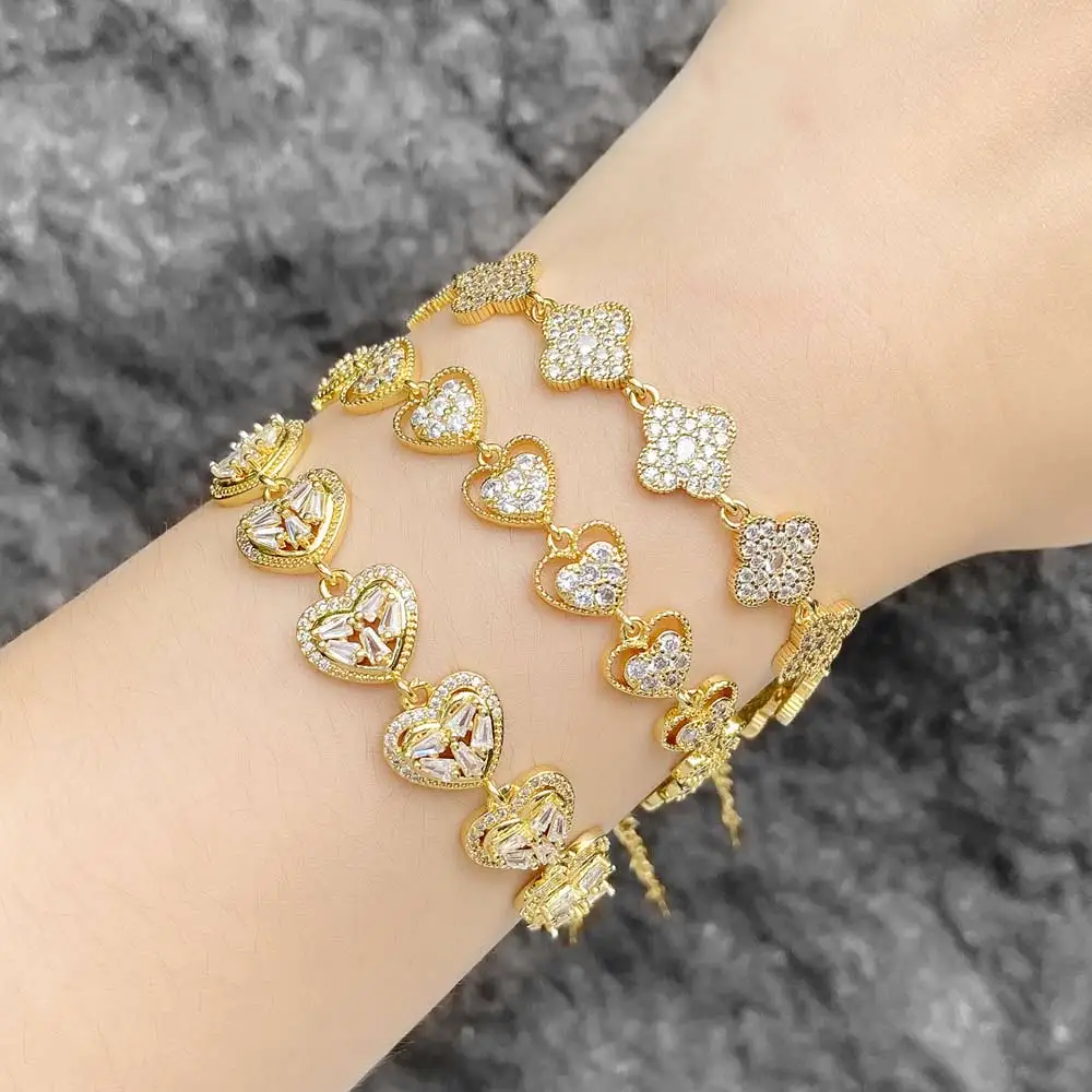 FLOLA Luxury Crystal Heart Bracelets for Women Gold Plated Clover Bracelets Statement Jewelry Party Gifts brth69
