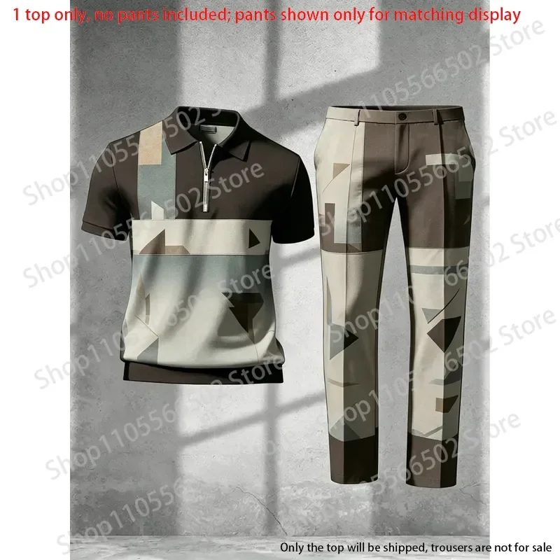 1 top (without pants)-Men's half zip polo shirt,3D earth tone geometric splice print,summer business casual men tops