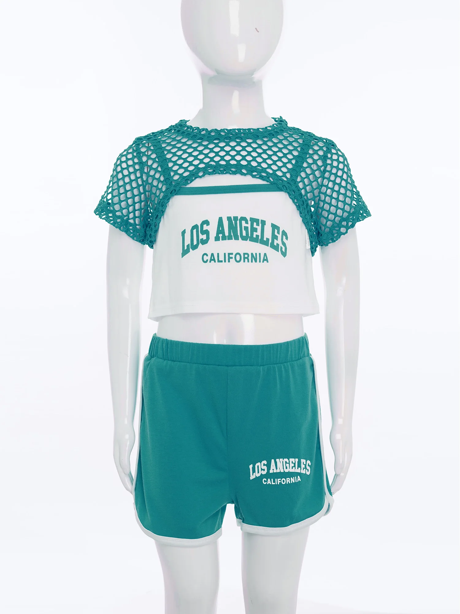 Costume da ballo di strada hip-hop per bambina, 3 pezzi, casual, manica corta, scava fuori, top corto in rete, camicia + canotta, gilet + pantaloncini