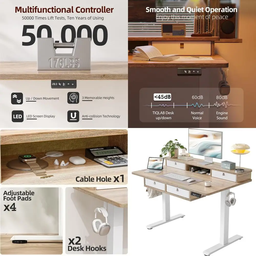 

48x28 Inch Electric Adjustable Height Desk with Storage Shelf and Maple Splice Board