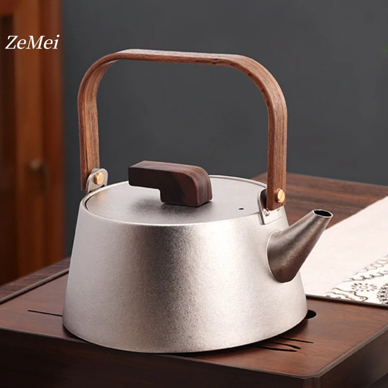 Small Pure Titanium Coffee Pot,Silver-Gray Home Teaware 800 ml Water Kettle,Solid Wood Handheld Outdoor Camping Titanium Tea Pot