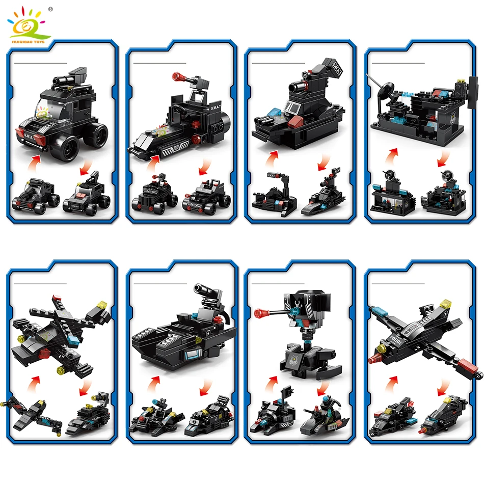 HUIQIBAO 454-695PCS 8in1 SWAT Police Command Truck Building Blocks City Helicopter Bricks Kit Educational Toys for Children