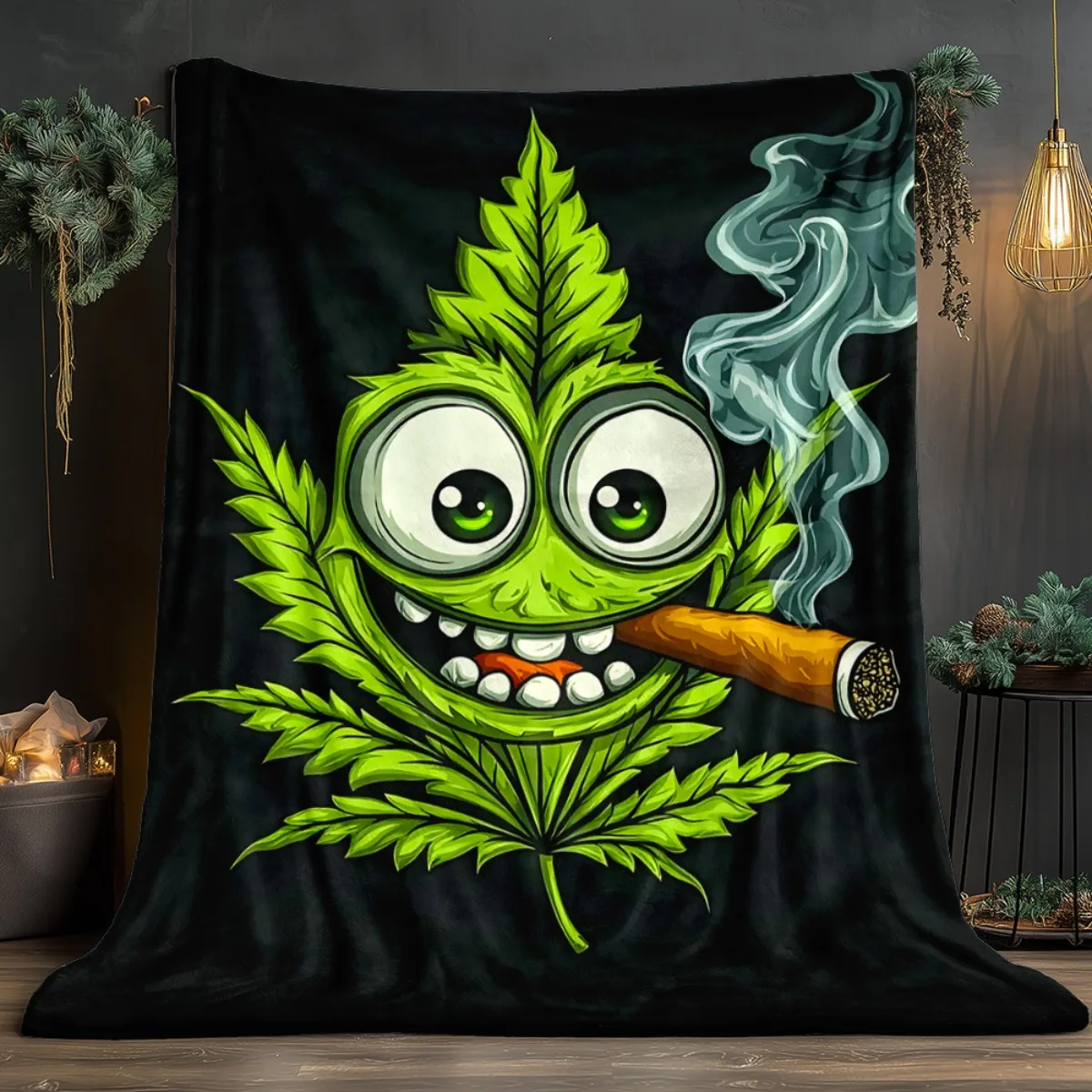 Funny cannabis leaf face smoking joint flannel blanket stoner humor blanket weed lover gift marijuana themed throw blanketformen