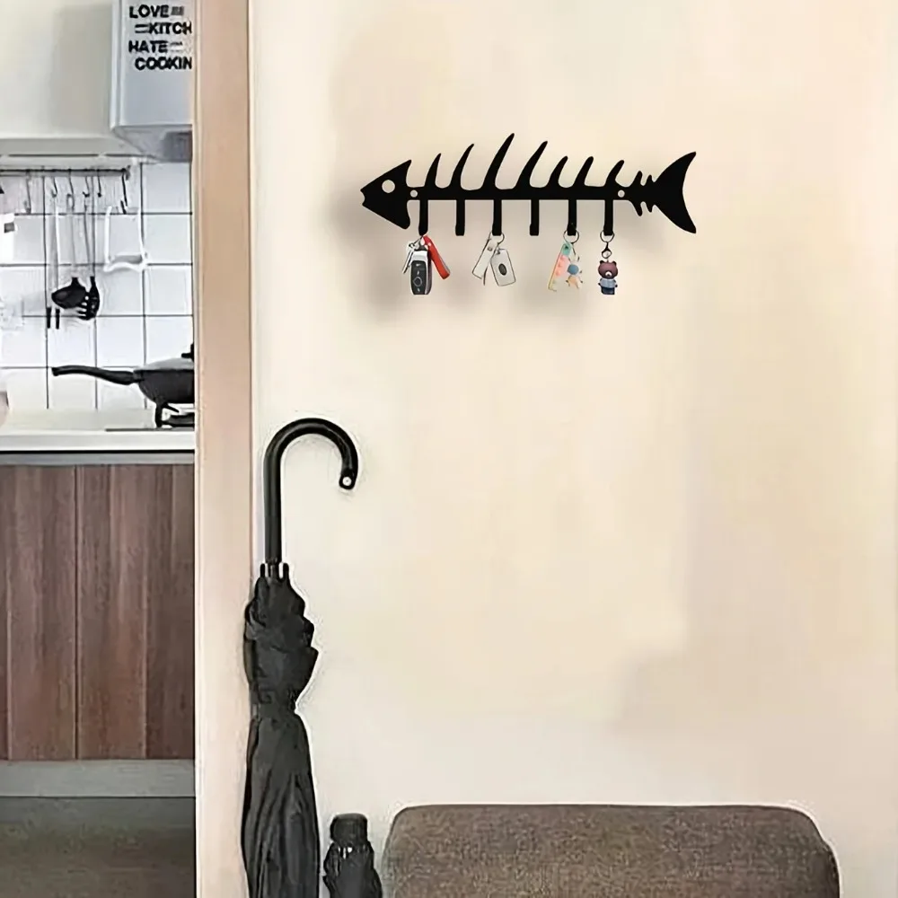 Metal Fishbone Key Holder Wall Hook, Durable Wall Storage Organizer with Decorative Metal Design for Entryway