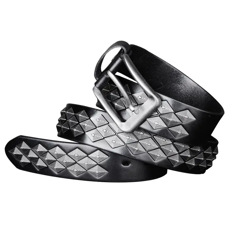 

3.8cm Designer Brand Belt Men Rivet 100% Real Leather Pin Belt Male Rock Top Grain Genuine Leather Cowhide Luxury Punk Belt Jean