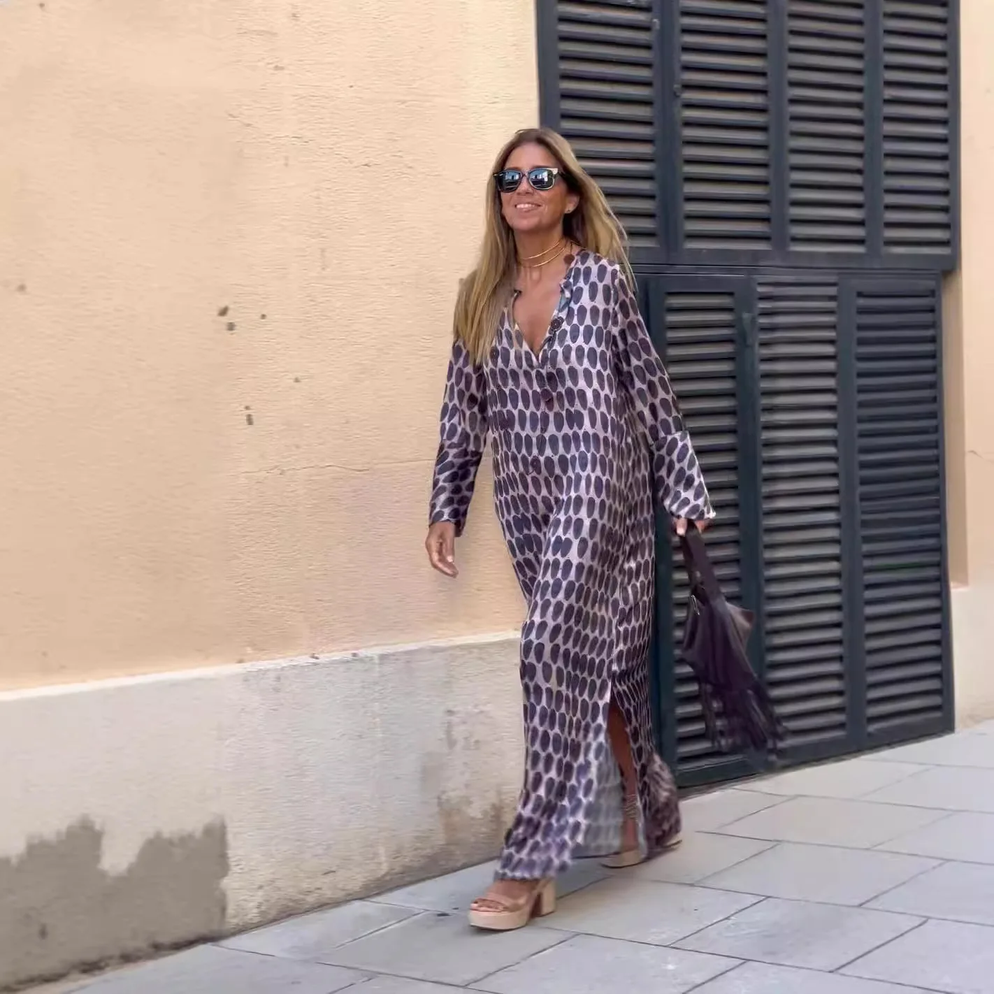 

Женское новое повседневное модное свободное пуловер с длинными рукавами и v-образным вырезом с принтом, длинное платье, свободное платье