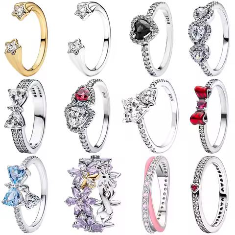 Original 925 Silver Shiny Heart-shaped Gem Bowtie Minimalist Daily Wear Couple Diamond Art Enamel Ring Fine Jewelry Decor Gift