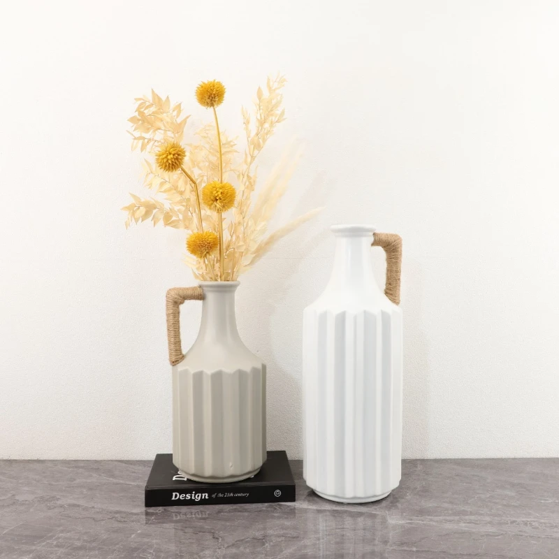 

Креативная керамическая ваза с ручкой из пеньковой веревки, декоративная ваза в стиле Ваби-Саби, украшение для дома, ваза для сухоцветов в гостиную.