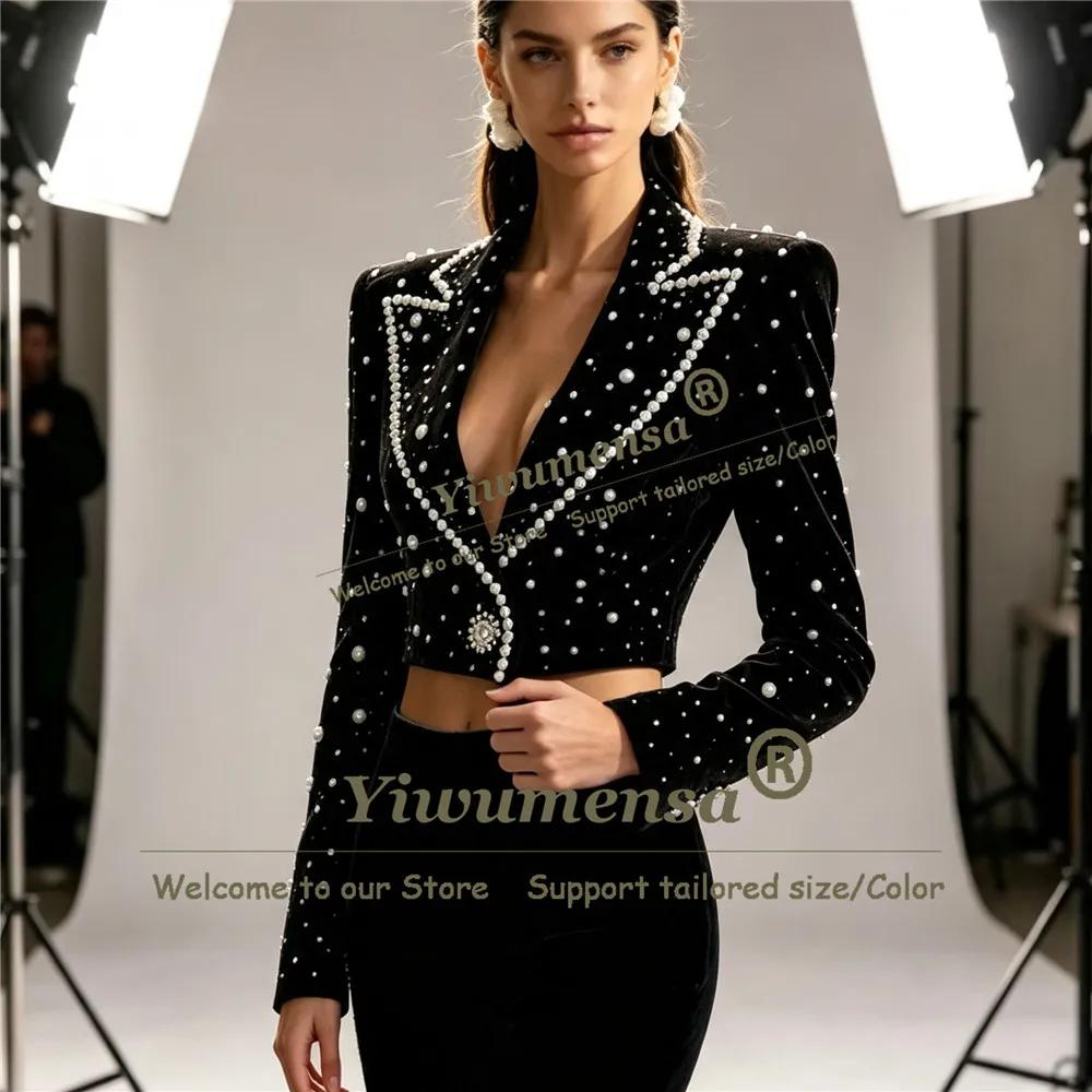 Luxury Velvet Women Suits For Wedding Pearls Beading Prom Blazer With Pants 2 Piece Set Lady Formal Party Tuxedo Female Clothing
