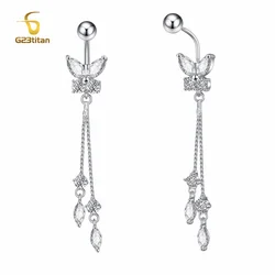 G23titan Long Chain Dangled Butterfuly Belly Button Ring Surgical Steel G23 Titanium Navel Piercing 14G Curved Bar Body Jewelry