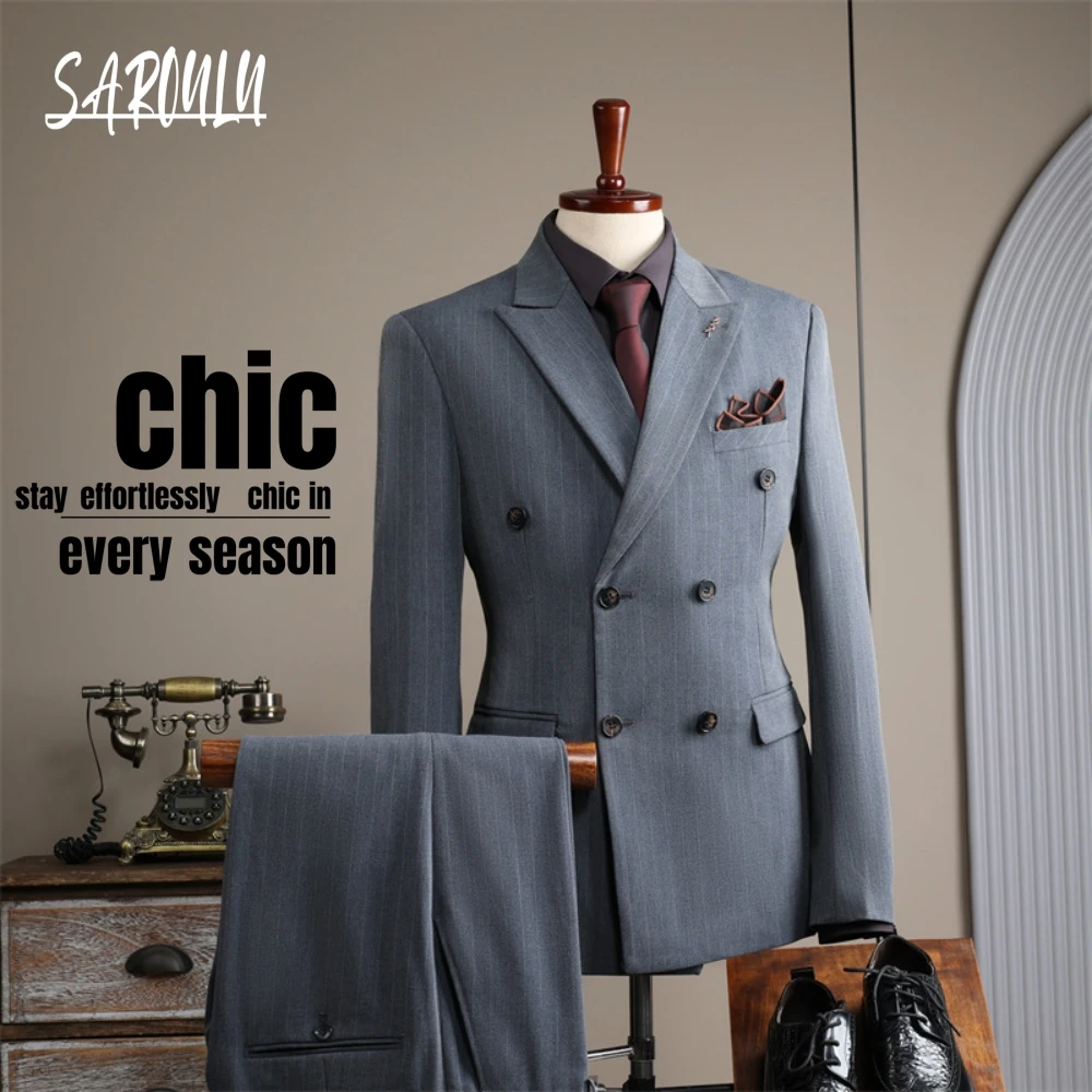 Fashionable On Duty Men's Suit Blazer Pants Two Pieces Striped Groom Wear Classy Slim Dancing Set In Stock Fast Shipping