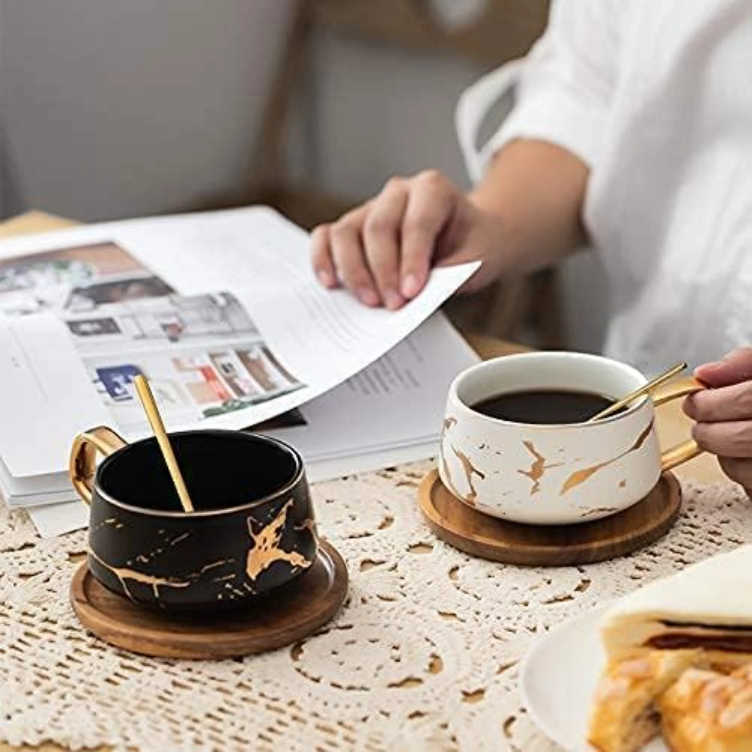 Luxurious and Elegant Matte Marble Ceramic Tea Coffee Cups with Stylish Black and White Luxury Wood Saucers, featuring Exquisite