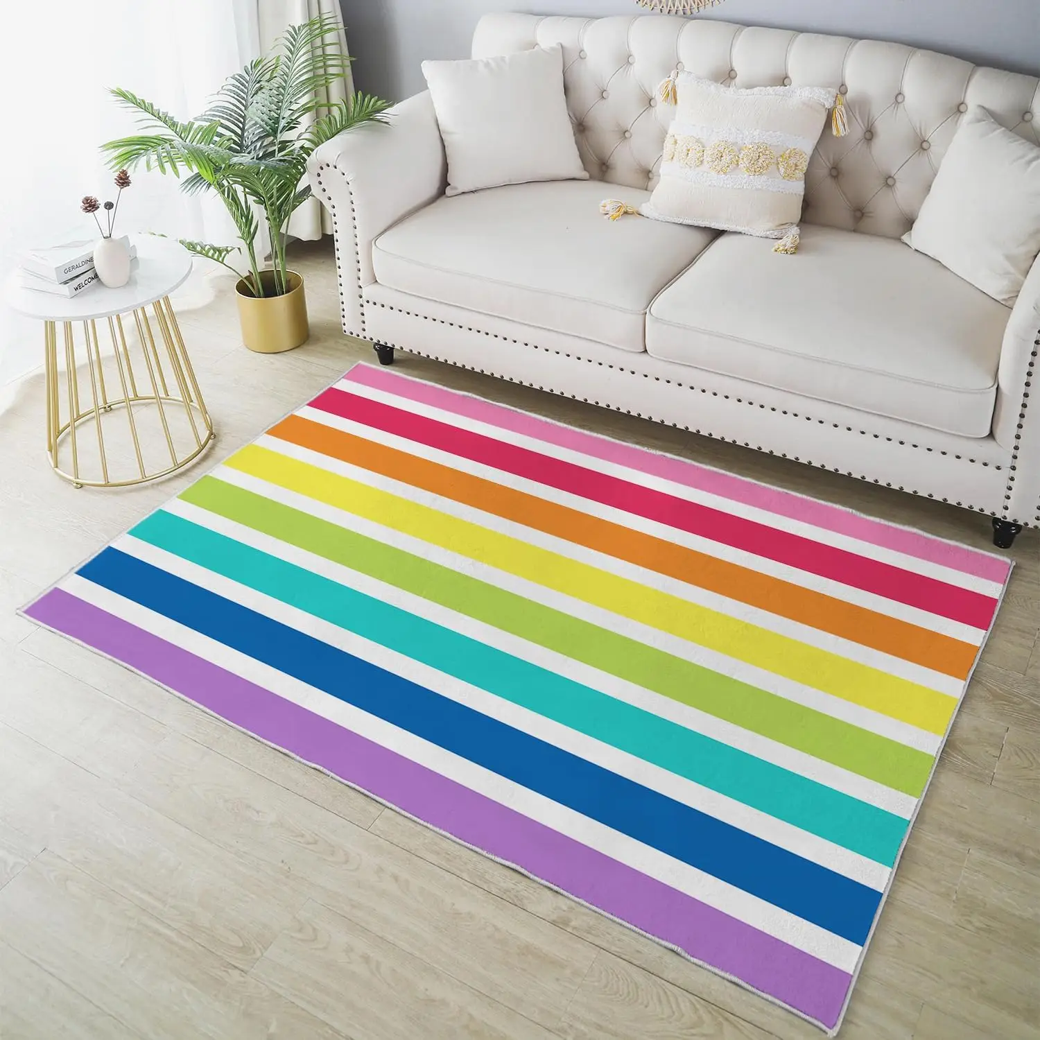 

Colorful Non-Slip Area Rugs, Washable Rug Carpet for Living Room,Rainbow Stripes Home Decor Rugs for Game Room Classroom Bedroom