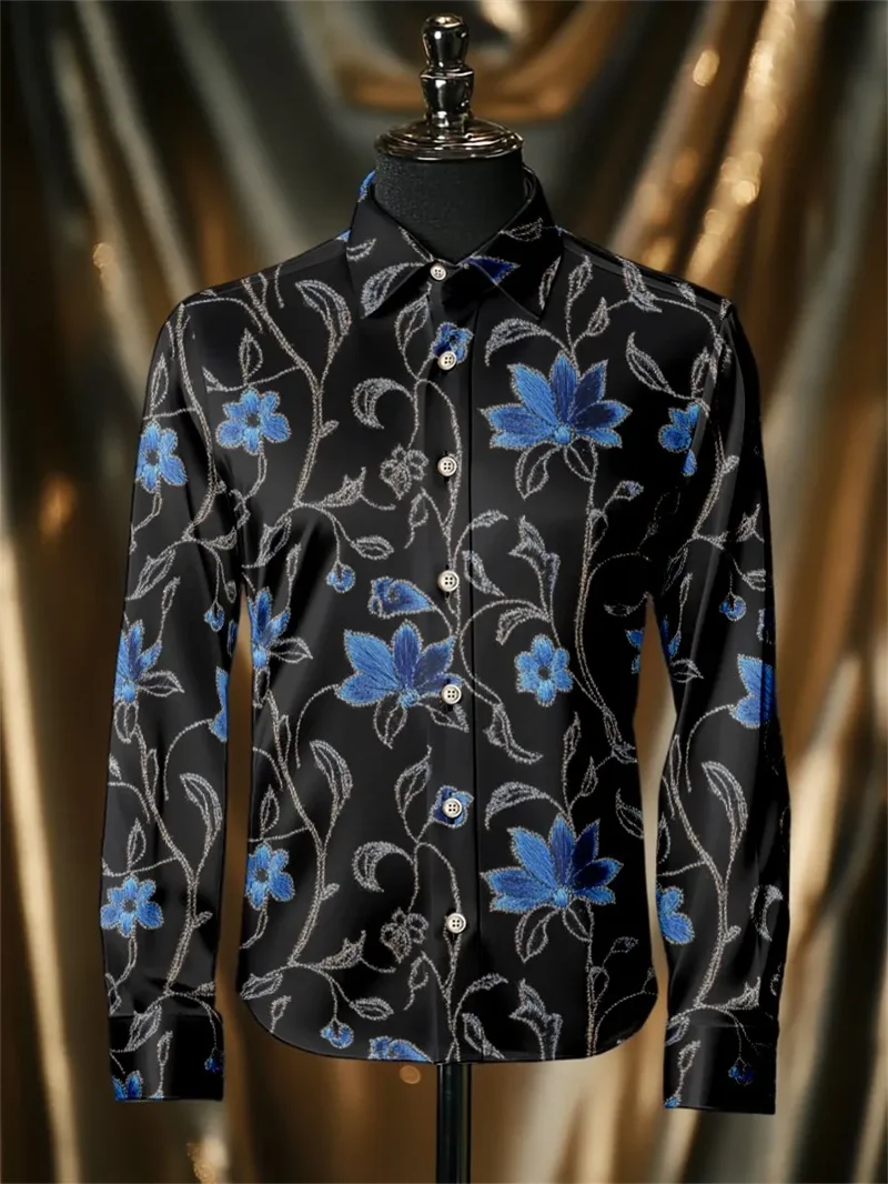 

New men's long sleeved shirt with gold 3D clover printing technology, fashionable pattern, luxurious shirt style