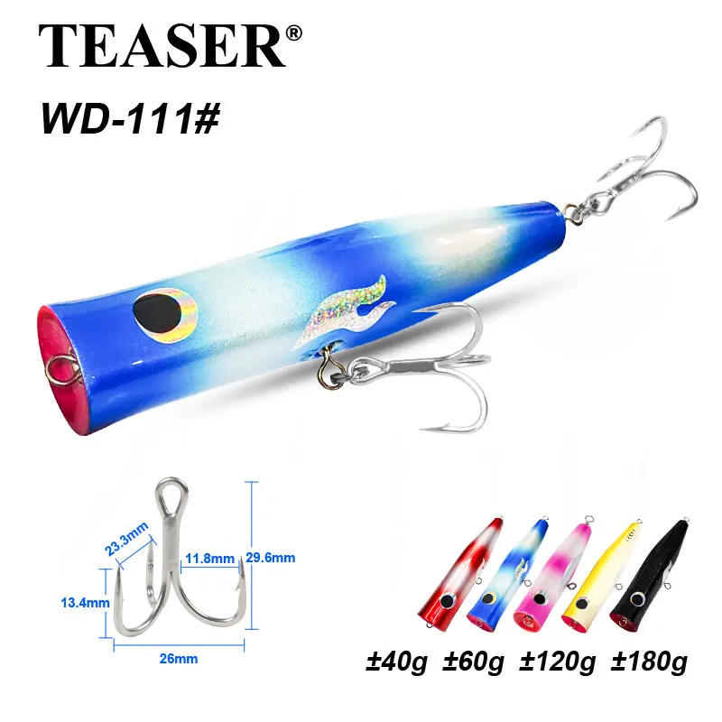 

TEASER WD111 40g 60g 120g 180g Saltwater Trolling Wood Fishing Bait Topwater Surface Popper Lures Big Game Wooden GT Popper Lure