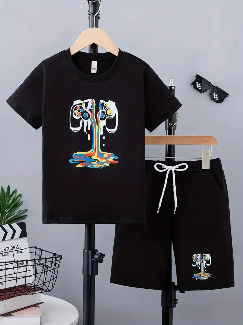 Boy's 2pcs, T-shirt & Shorts Set, Colorful Melting Gamepad Print Short Sleeve Top, Casual Outfits, Kids Clothes for Summer