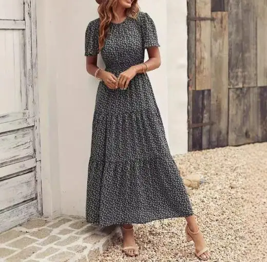 

Summer 2025 new women's fashionable casual lotus leaf sleeves flower long skirt waist cake skirt women's clothing